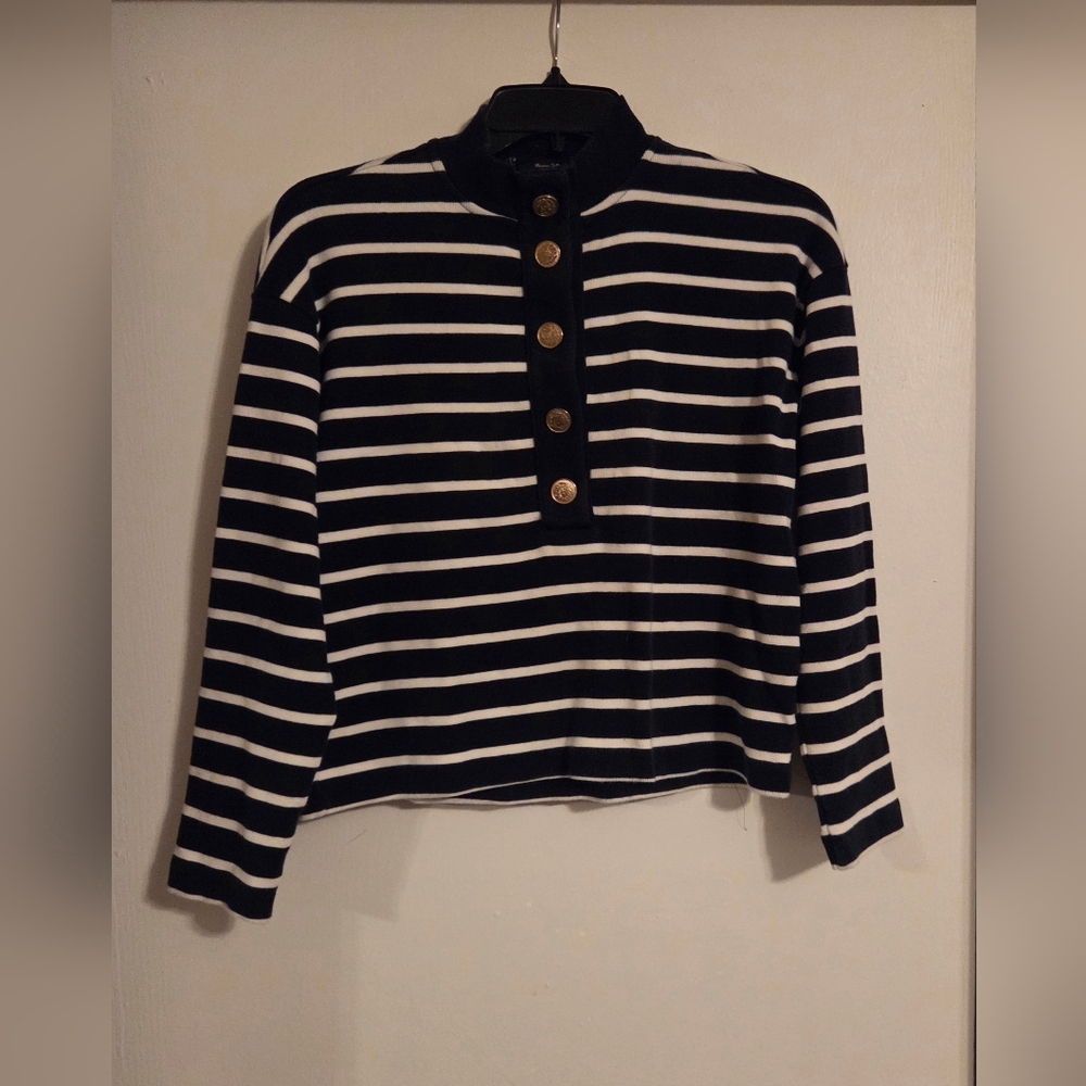 Massimo Dutti Cotton Henley Sweatshirt - XS - Navy Blue And White Stripes